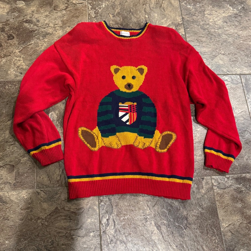 Vintage Hastings & Smith Red Teddy Bear Knit‎ Sweater L Ramie Cotton